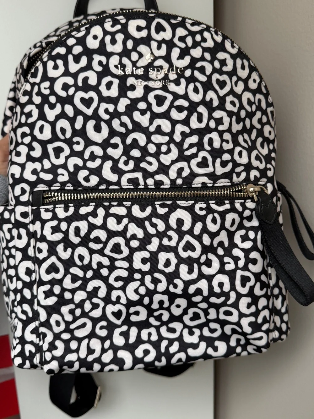 kate spade Black and White Leopard-Print Mini Backpack with cosmetics bag